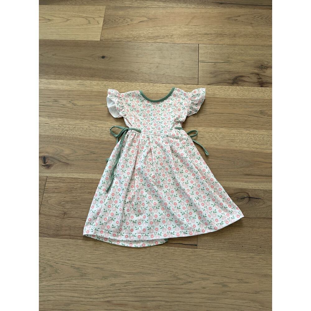 Girls' Pink Floral Tie-Waist Dress with Green Trim